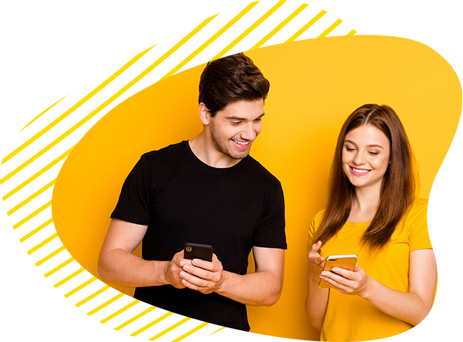 Cutout of couple searching internet on phones