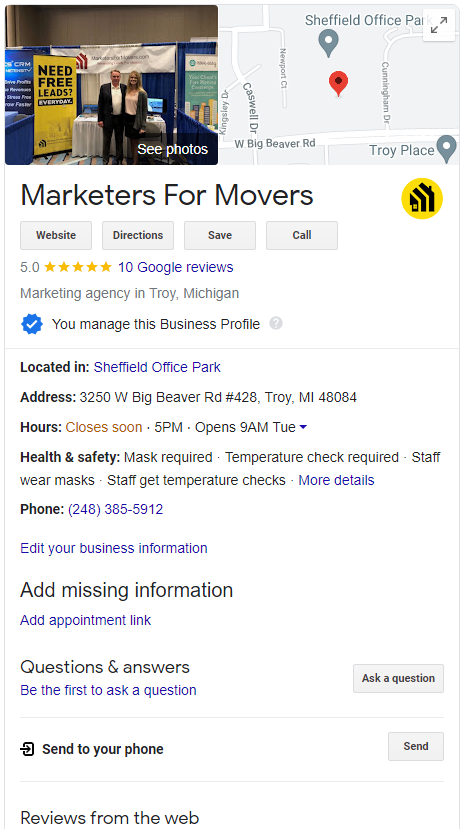 Marketers for Movers GMB Profile