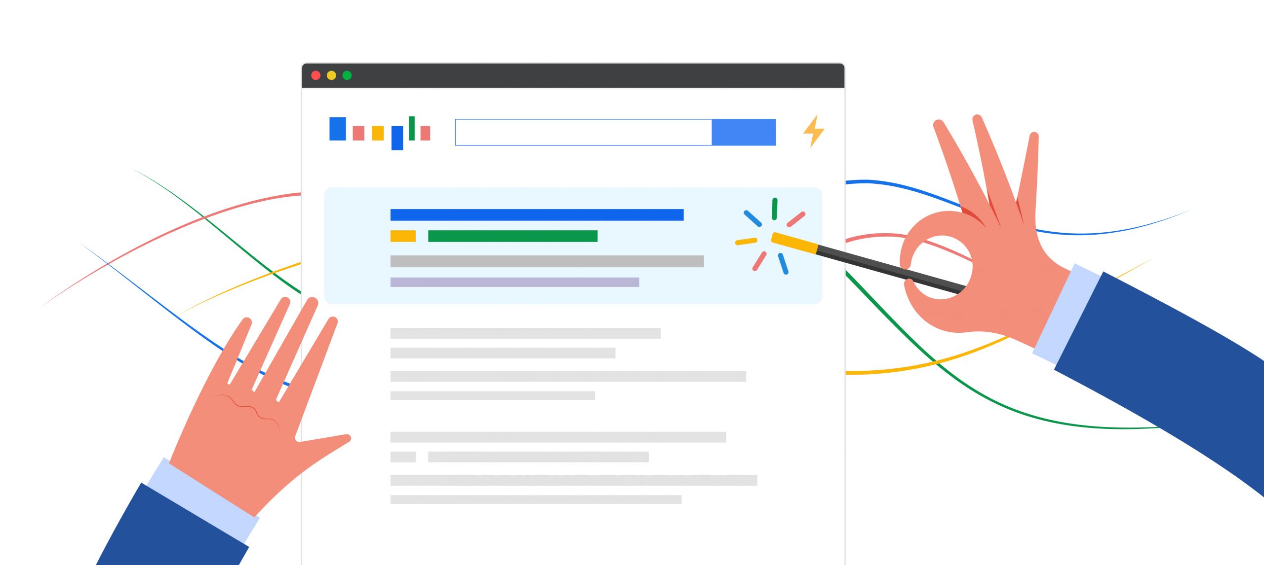 Google Search Results page Graphic with hands and magic wand